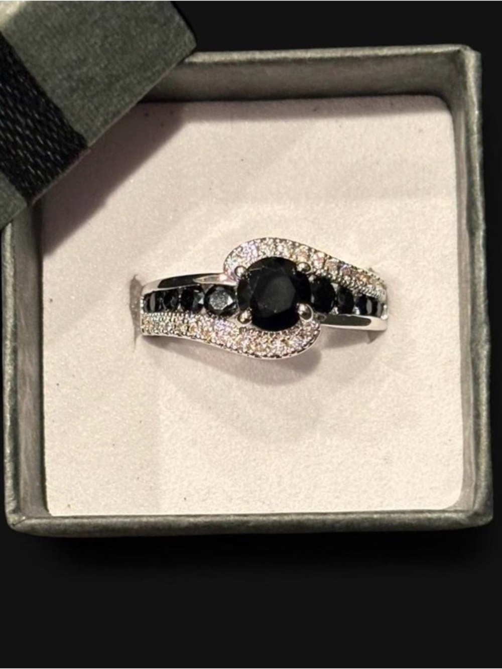 Silver-Tone Black Stone Halo Ring with Pavé Accents